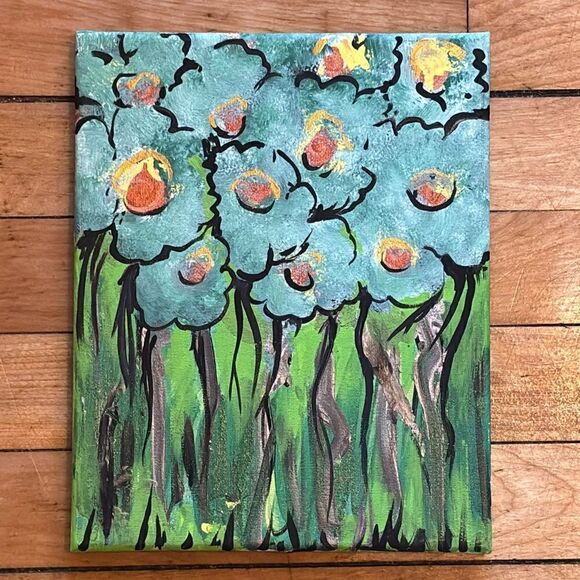 Original Acrylic Painting with metallic 8x10- Tall Blue Floral Dark Stems - Picture 2 of 6